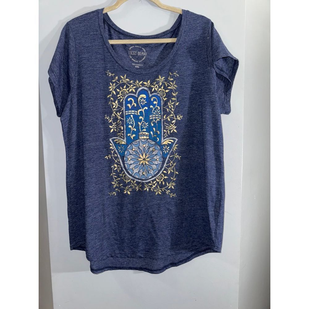 Lucky Brand blue hamsa hand‎ flourish cap sleeve T-shirt size XXL